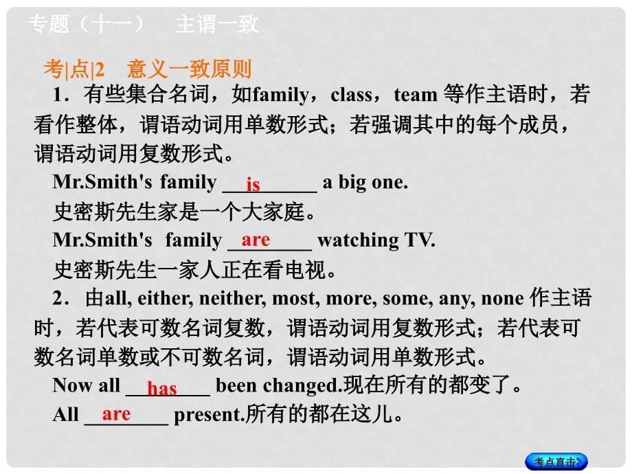 湖南省中考英语总复习 第二部分 语法点击 专题（十一）主谓一致课件 人教新目标版_第5页