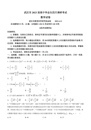 湖北省武汉市2023届高三下学期四月调研数学试题