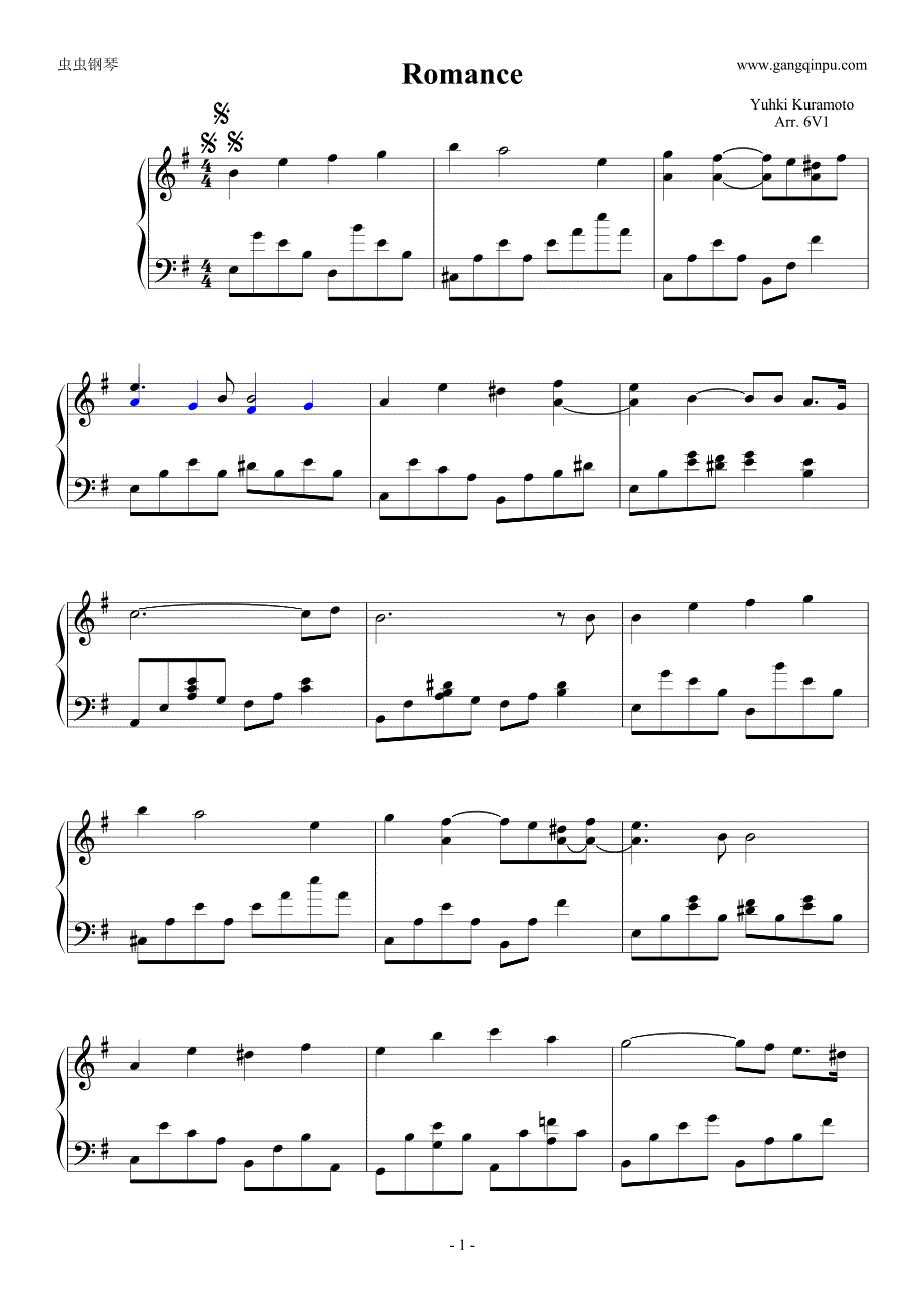 Romance - 仓本裕基（Yuhki Kuramoto）钢琴谱钢琴简谱 数字谱 钢琴双手简谱_第1页