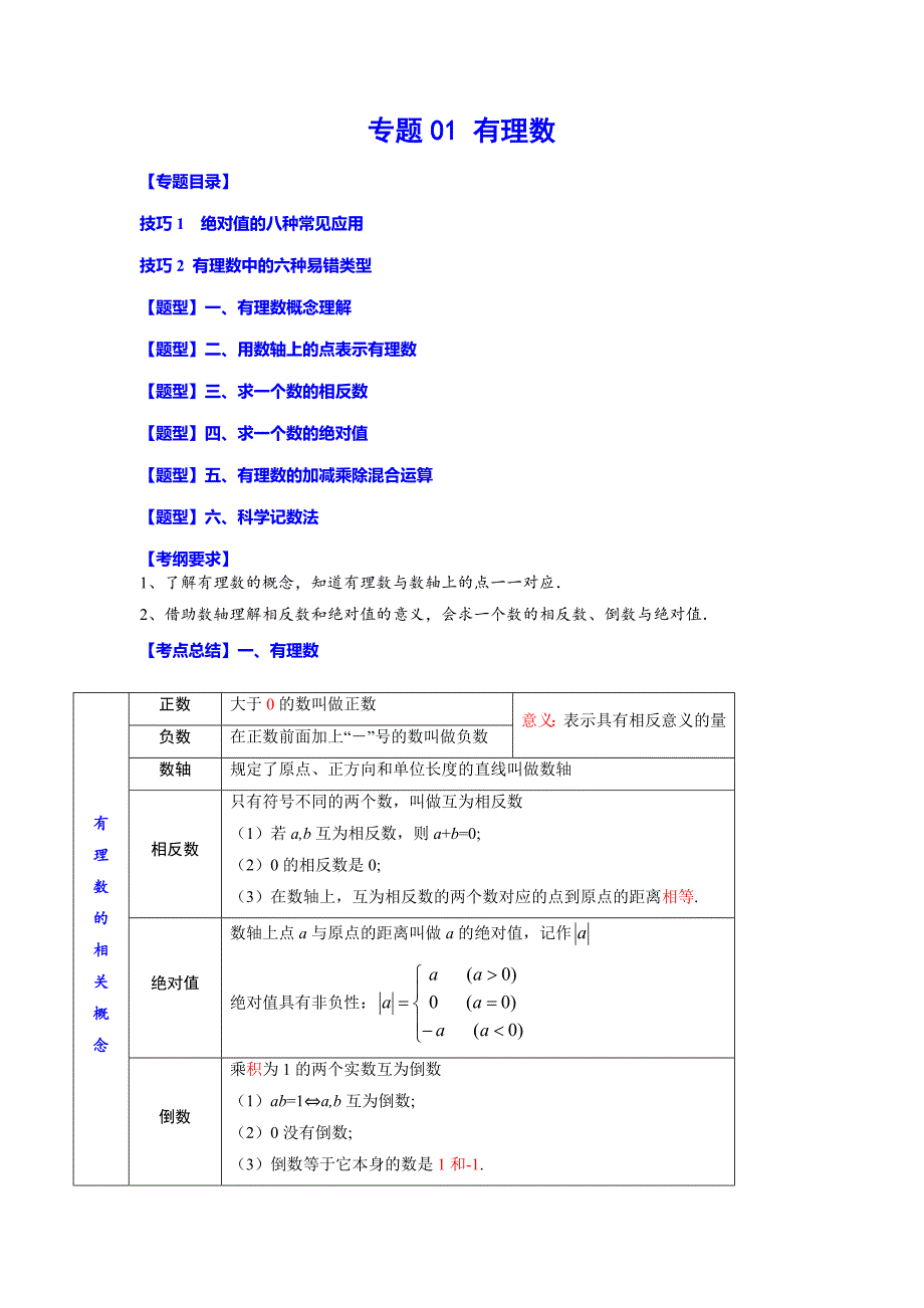 专题01 有理数(原卷版)-中考数学备考复习重点资料归纳汇总_第1页