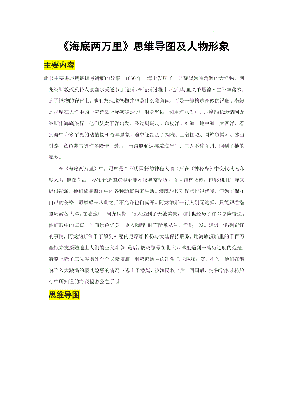 初中整本书阅读系列之《海底两万里》思维导图及人物形象_第1页