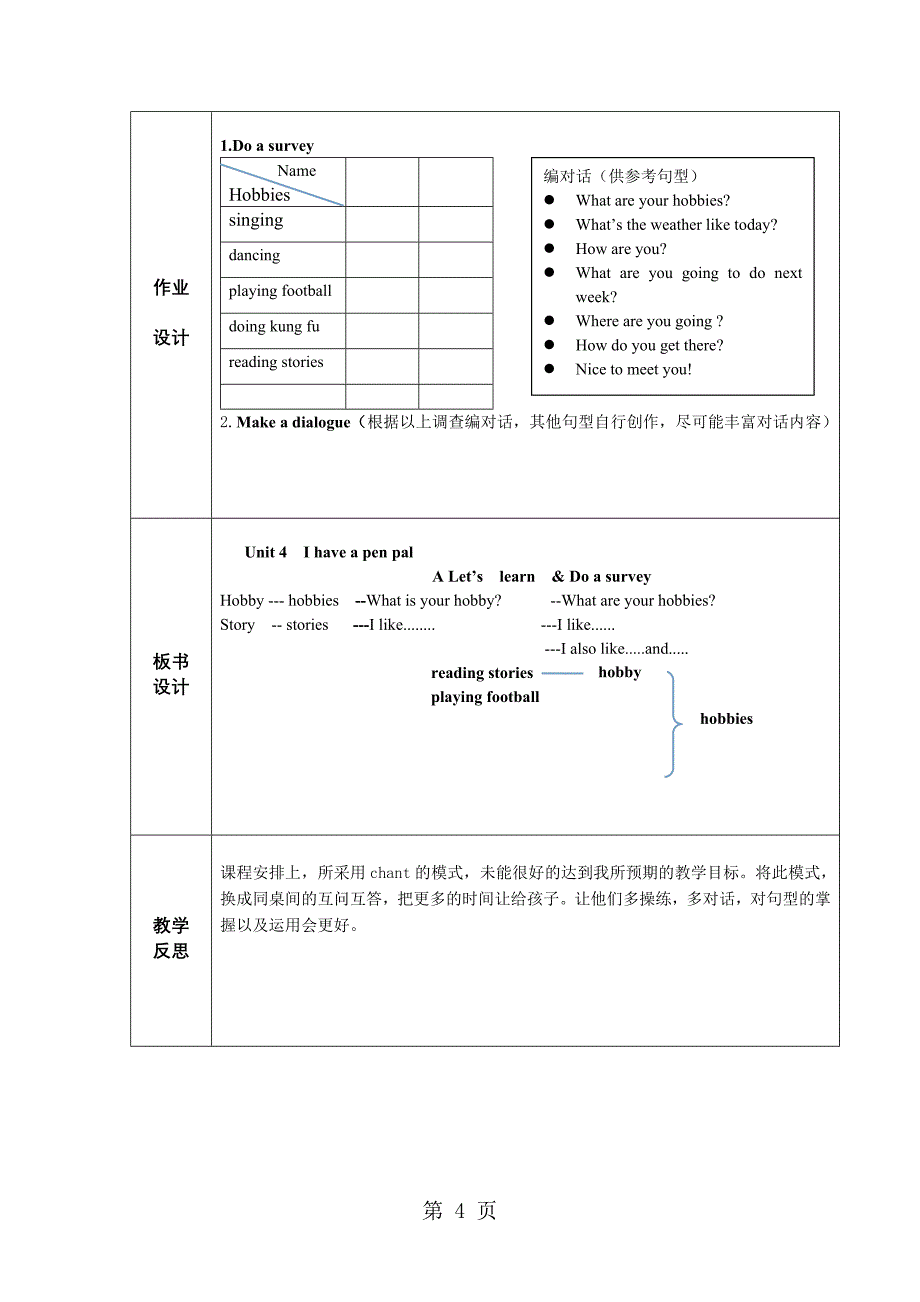 六年级上英语教案Unit4 I have a pen pal_人教（PEP）_第4页