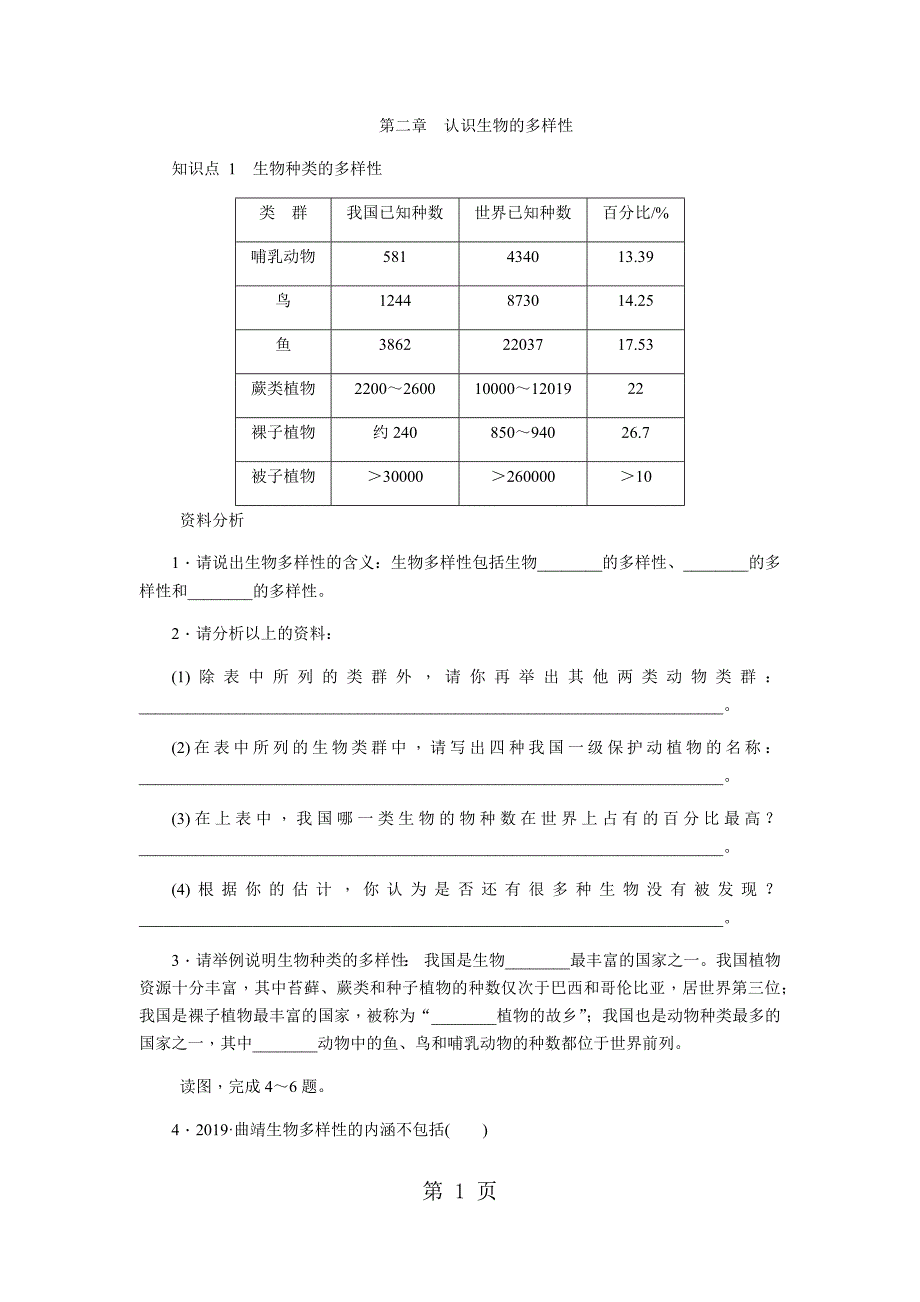 人教版八年级生物上册同步练习：第六单元 第二章　认识生物的多样性_第1页