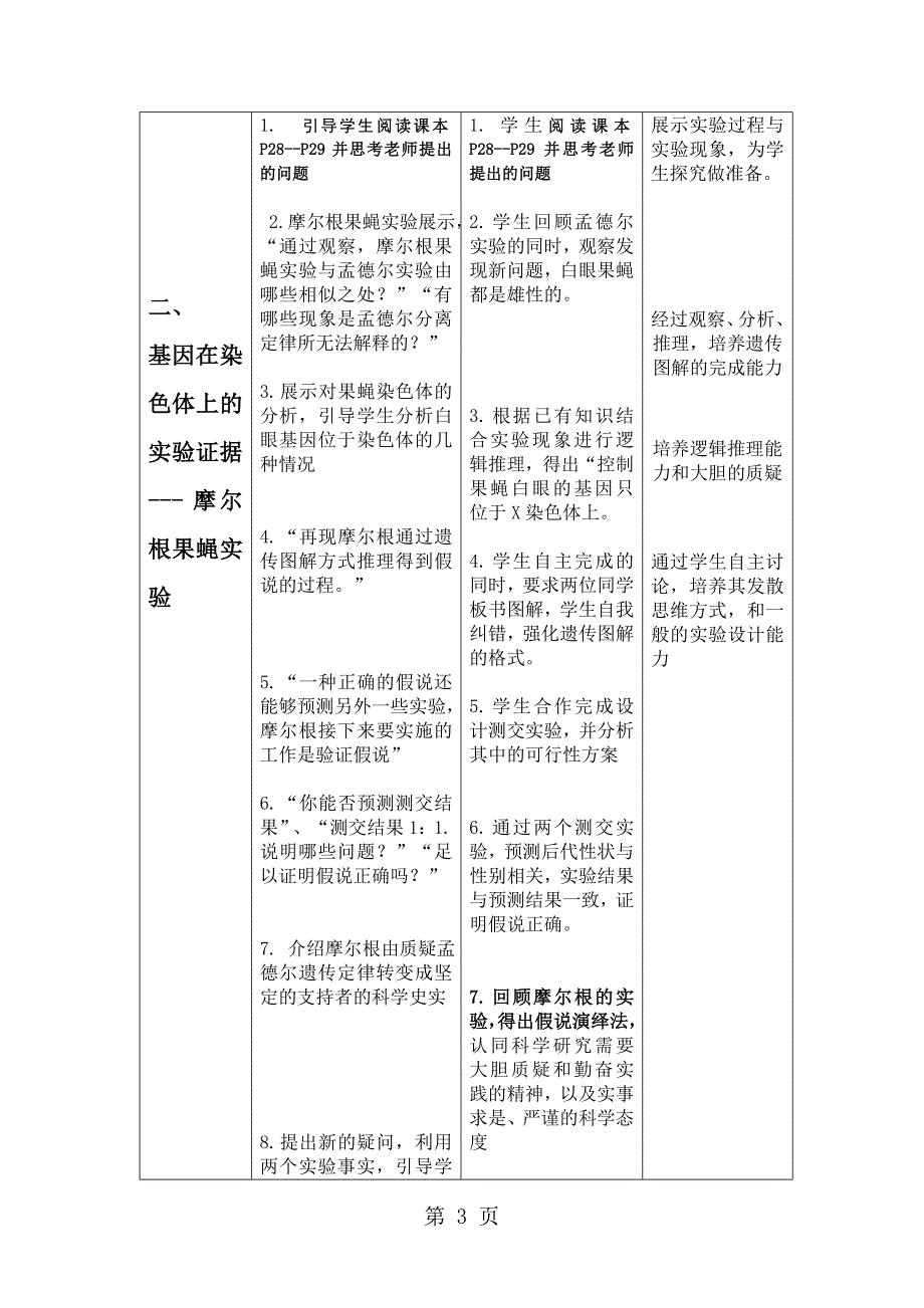 人教版高中生物必修二第二章第2节《基因在染色体上》表格教学设计_第3页