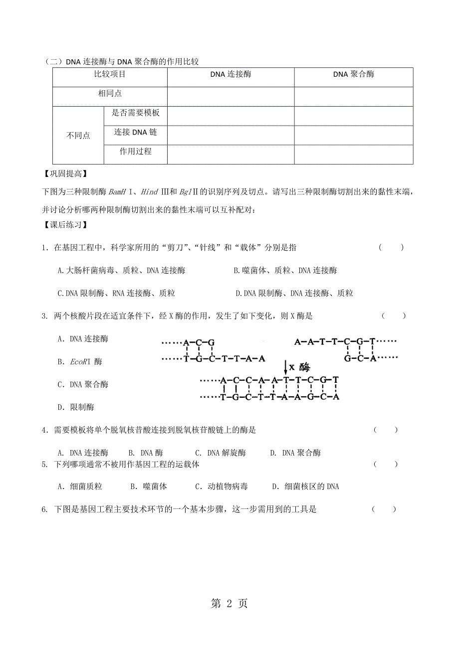 人教版高中生物选修3专题一1.1DNA重组技术的基本工具 学案（无答案）_第2页