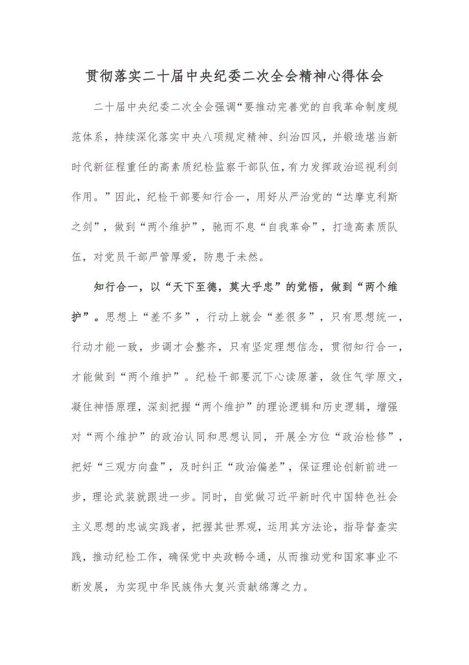 贯彻落实中央纪委二次全会精神心得体会_第1页