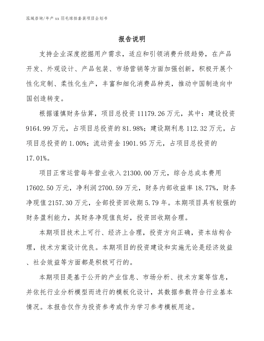 年产xx羽毛球拍套装项目企划书范文参考_第1页