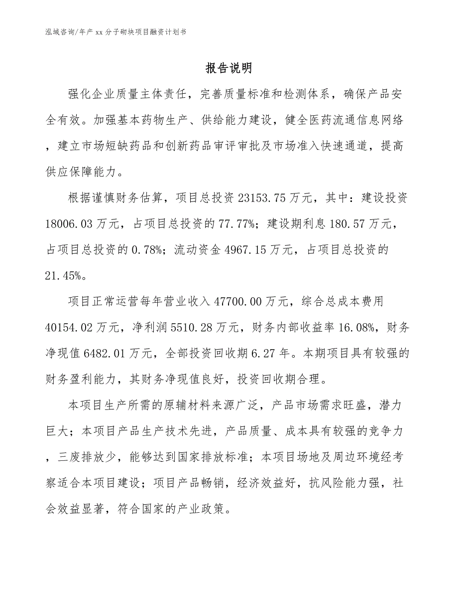 年产xx分子砌块项目融资计划书【参考范文】_第2页