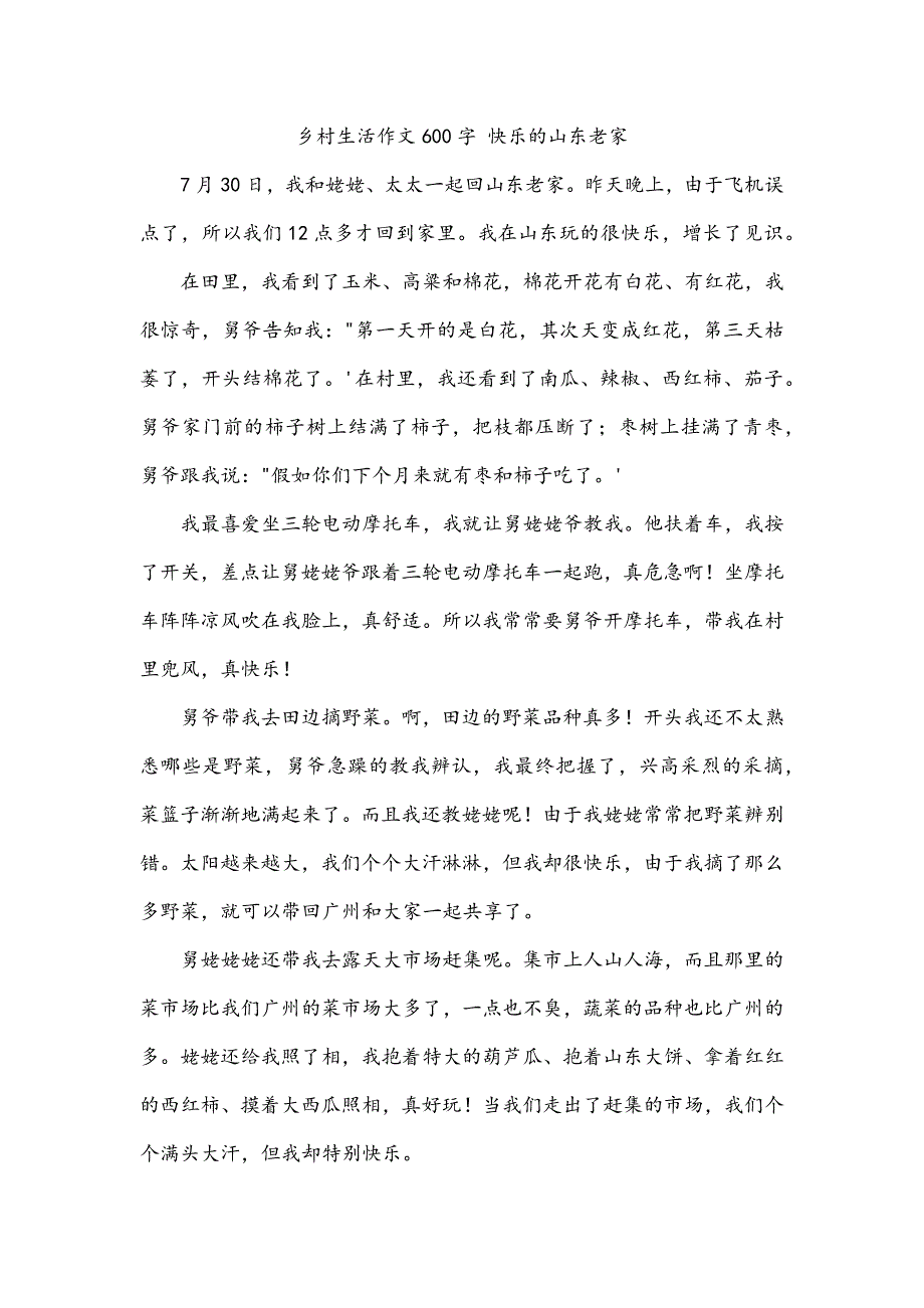 乡村生活作文600字 快乐的山东老家_第1页