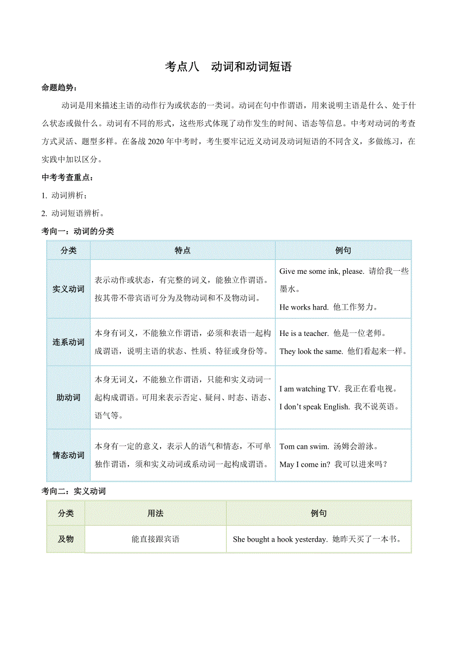 中考英语一轮复习考点练习考点08 动词和动词短语（教师版）_第1页