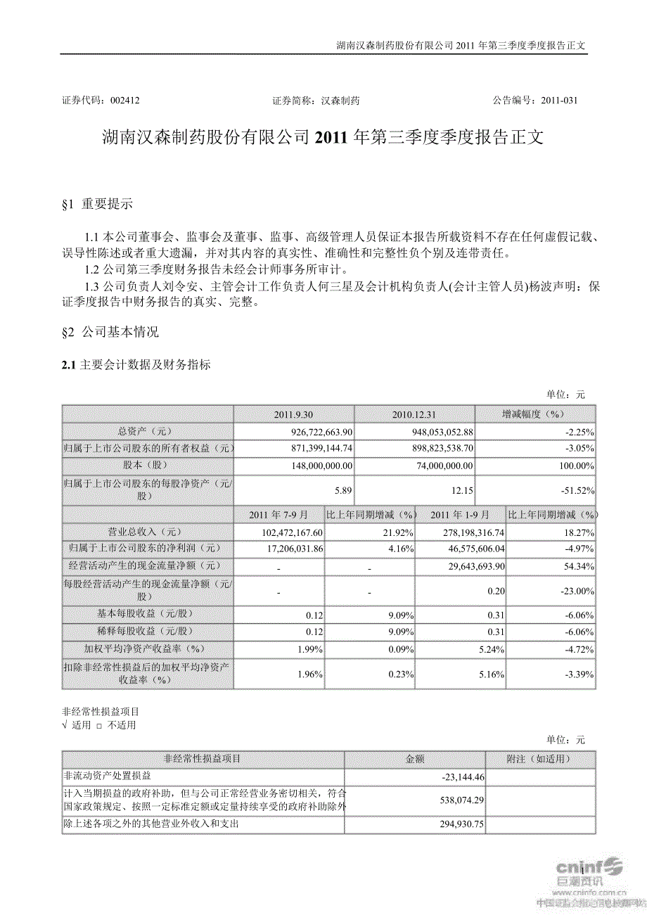 汉森制药：第三季度报告正文_第1页