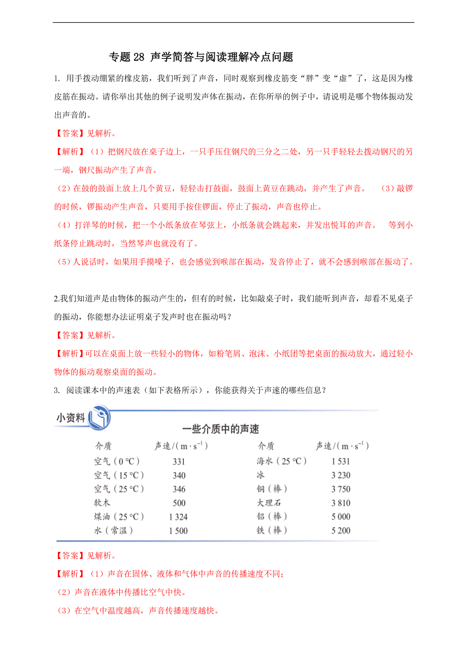 (2023年)中考物理二轮复习考点突破练习专题28 声学简答与阅读理解冷点问题（教师版）_第1页