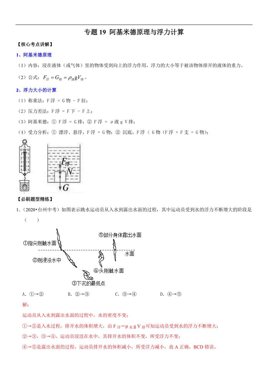 中考物理二轮复习考点讲解与题型练习专题19 阿基米德原理与浮力计算（教师版）_第1页