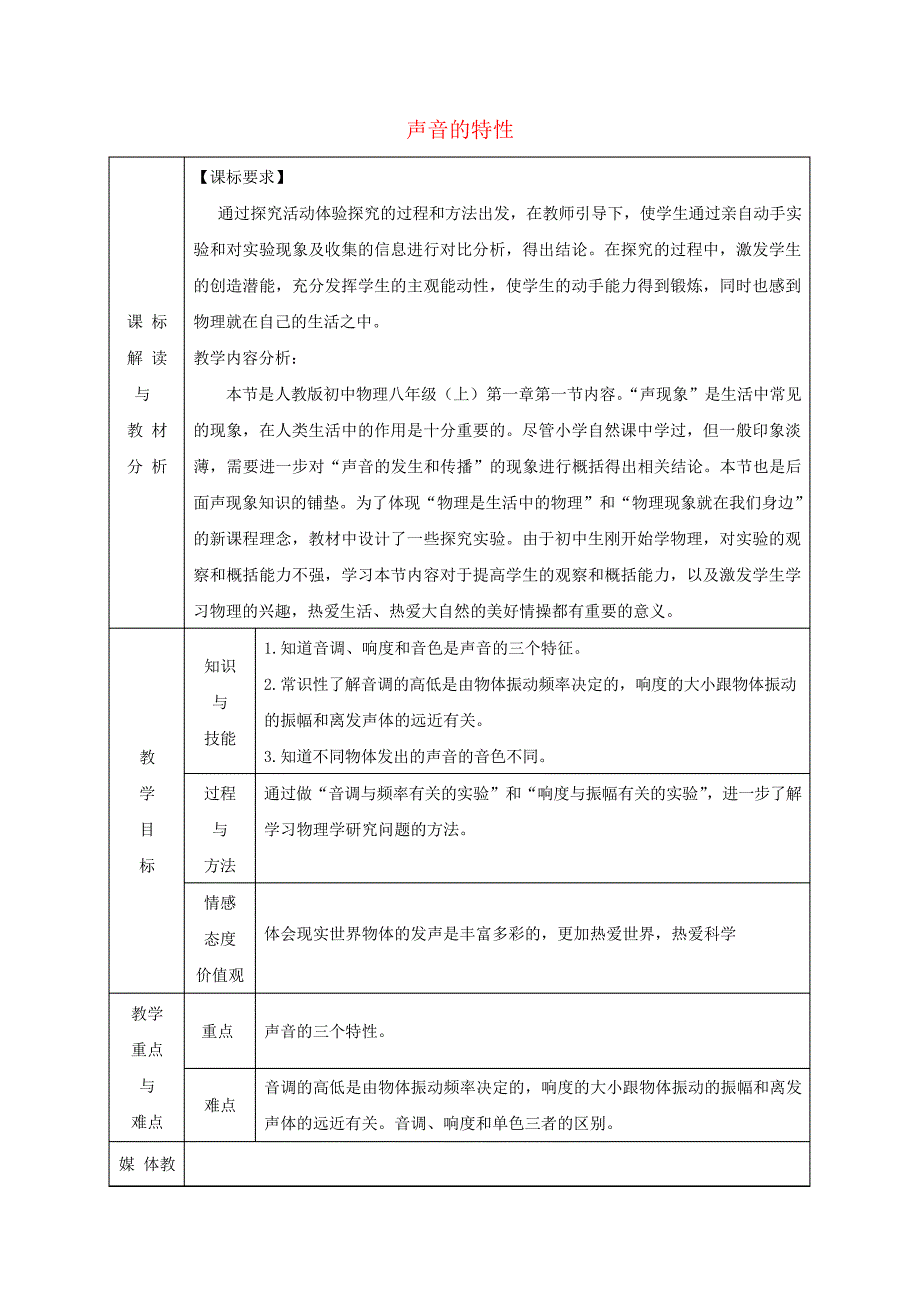 八年级物理上册2.3声音的特性教案(新版)新人教版_第1页