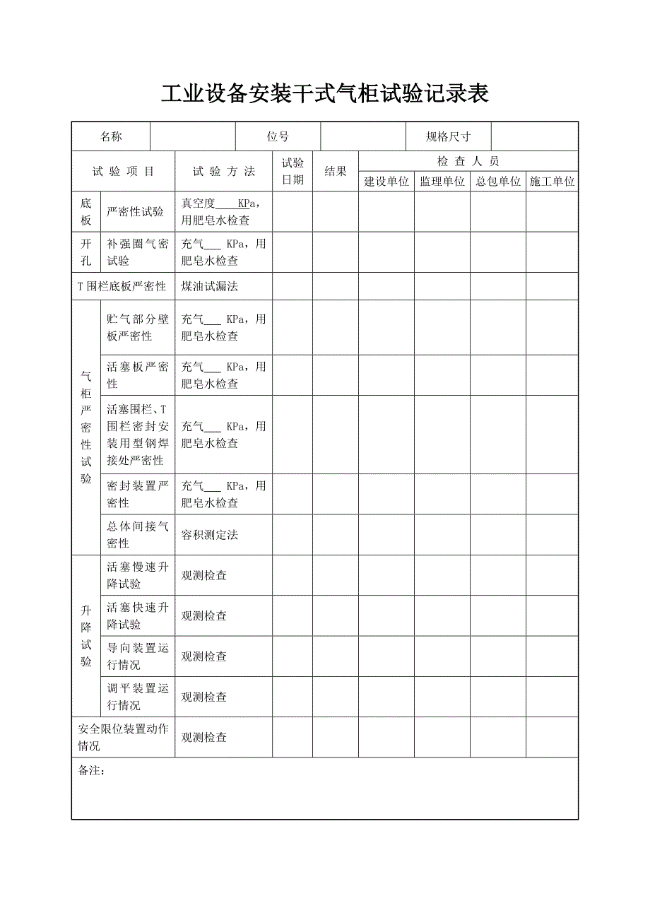 工业设备安装干式气柜试验记录表_第1页