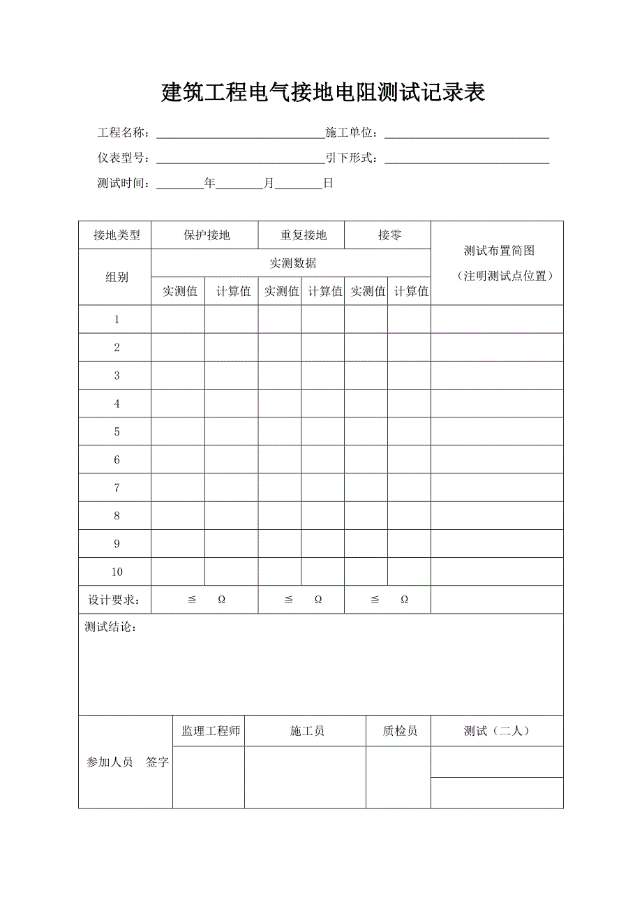 建筑工程电气接地电阻测试记录表_第1页