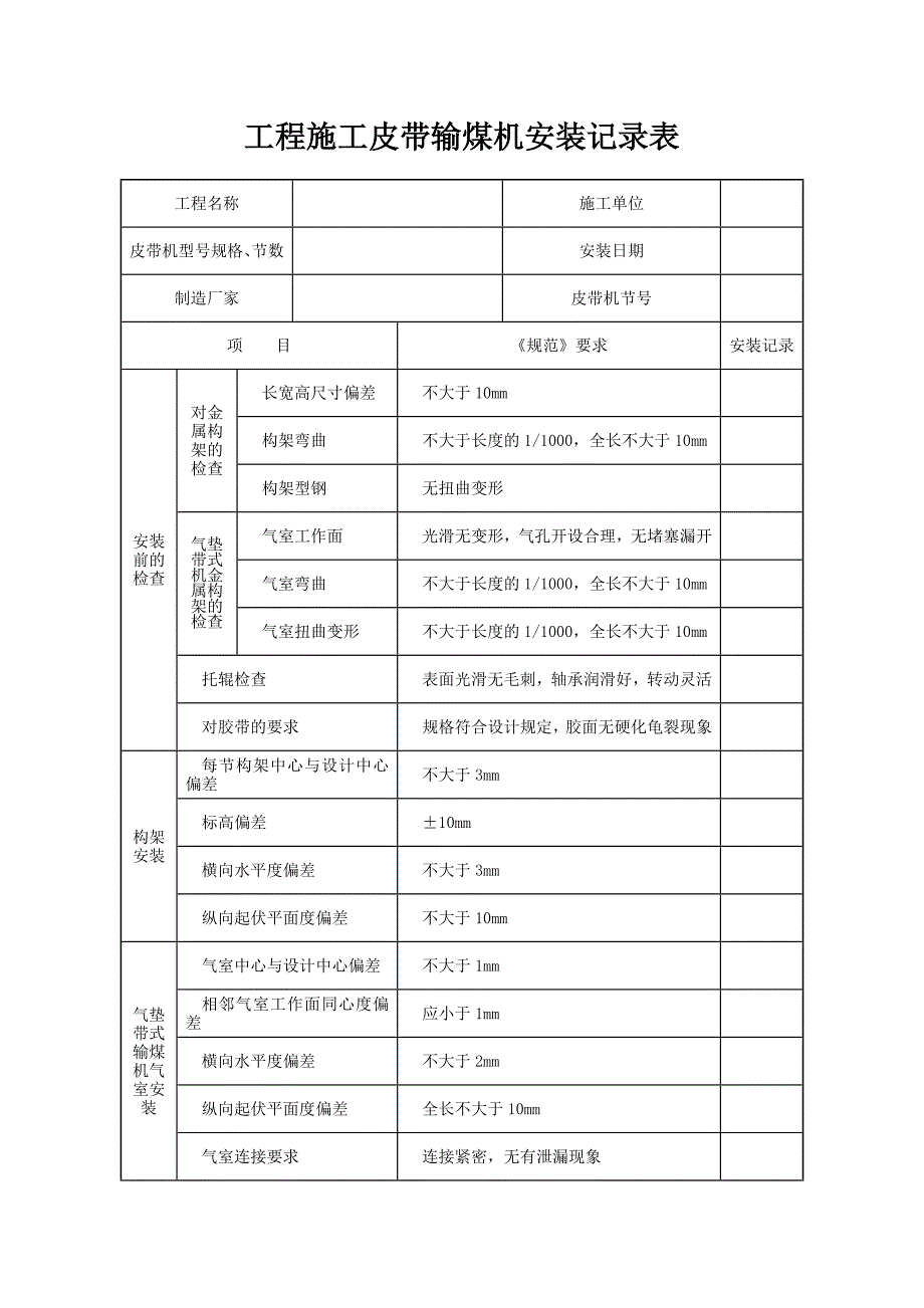 工程施工皮带输煤机安装记录表_第1页