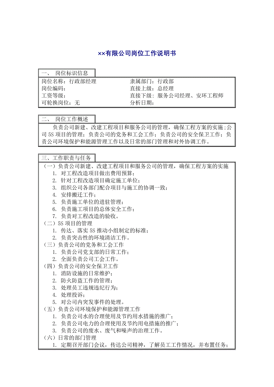 行政部经理公司全套岗位说明书_第2页