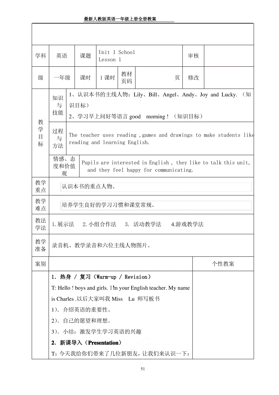 最新人教版英语一年级上册全册教案_第4页