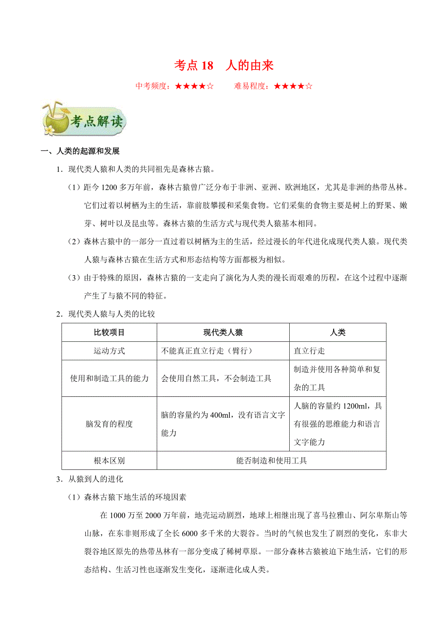中考生物一轮复习考点过关练习考点18 人的由来 (含答案)_第1页