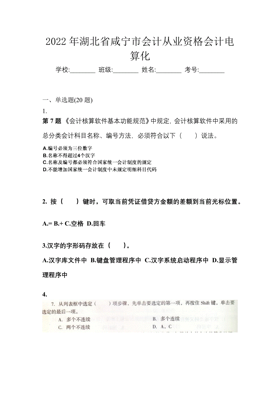 2022年湖北省咸宁市会计从业资格会计电算化_第1页