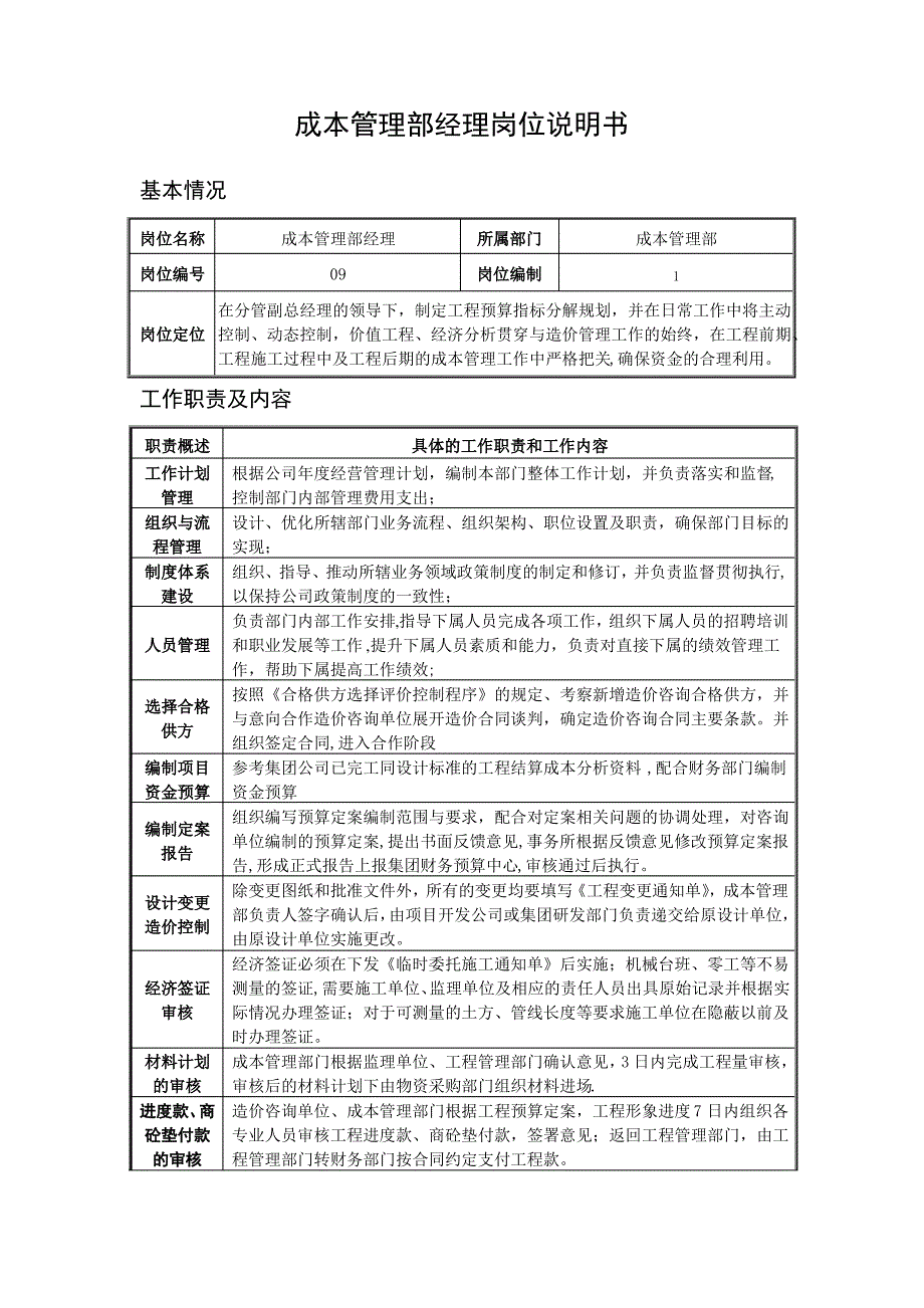 成本管理部经理岗位说明书_第1页