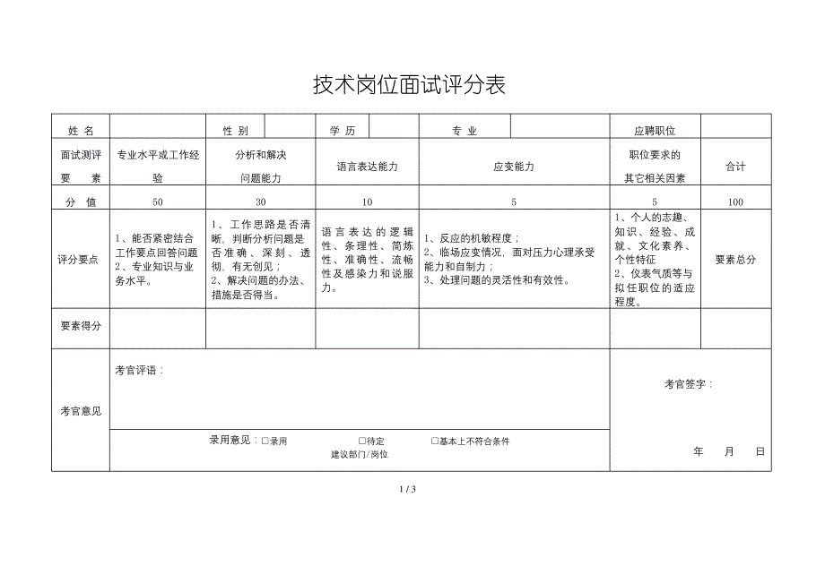 正式面试评分表模板_第1页