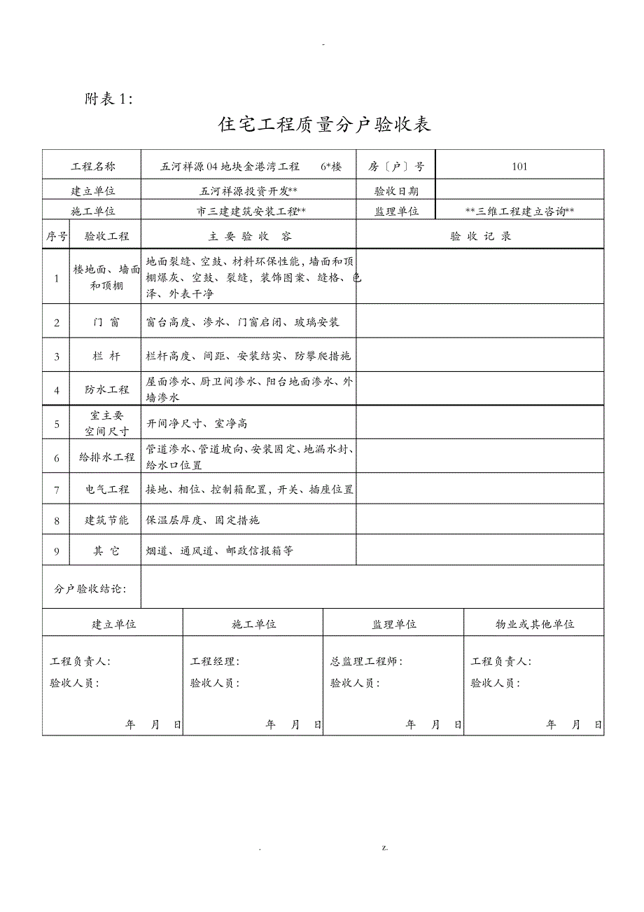 住宅工程施工质量分户验收表_第1页