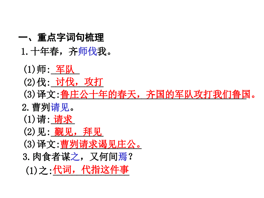 贵州省遵义市中考语文 第一部分 教材知识梳理 文言文知识复习 八上 六、曹刿论战课件_第2页