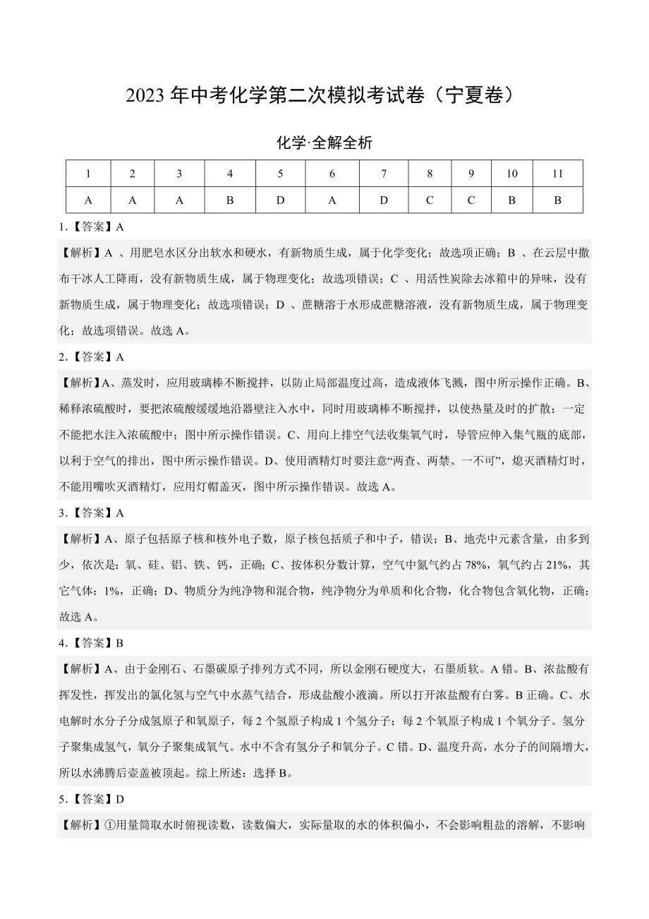 化学（宁夏卷）2023年中考第二次模拟考试卷（全解全析）_第1页