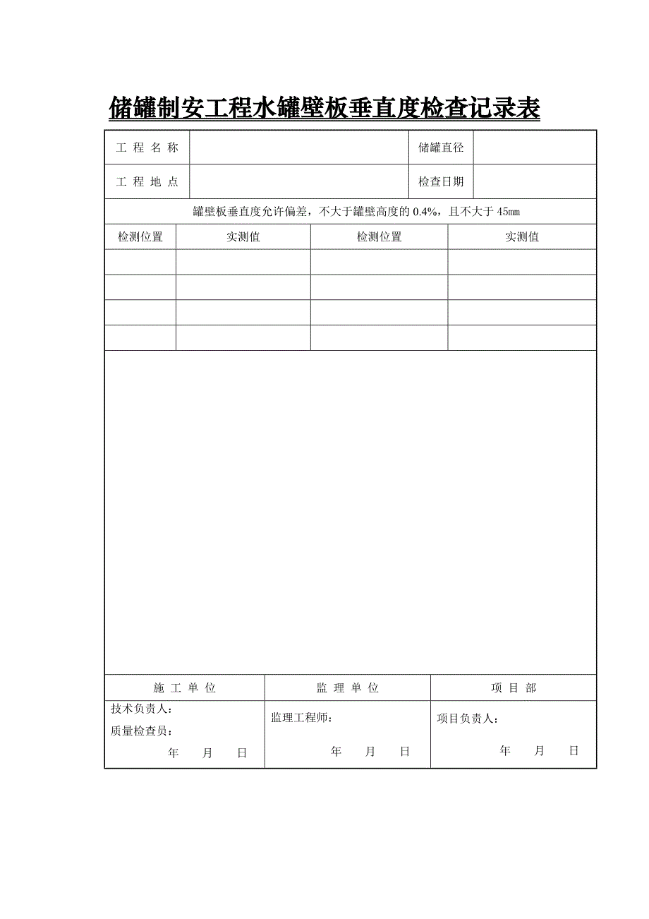 储罐制安工程水罐壁板垂直度检查记录表_第1页