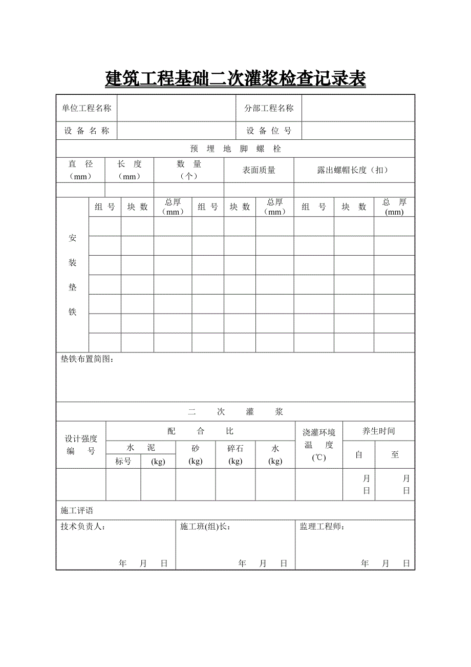 建筑工程基础二次灌浆检查记录表_第1页