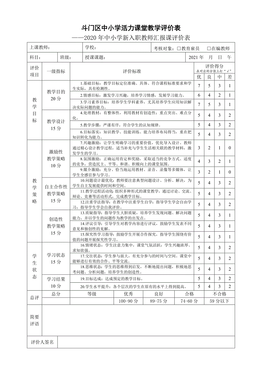 斗门区中小学活力课堂教学评价表_第1页