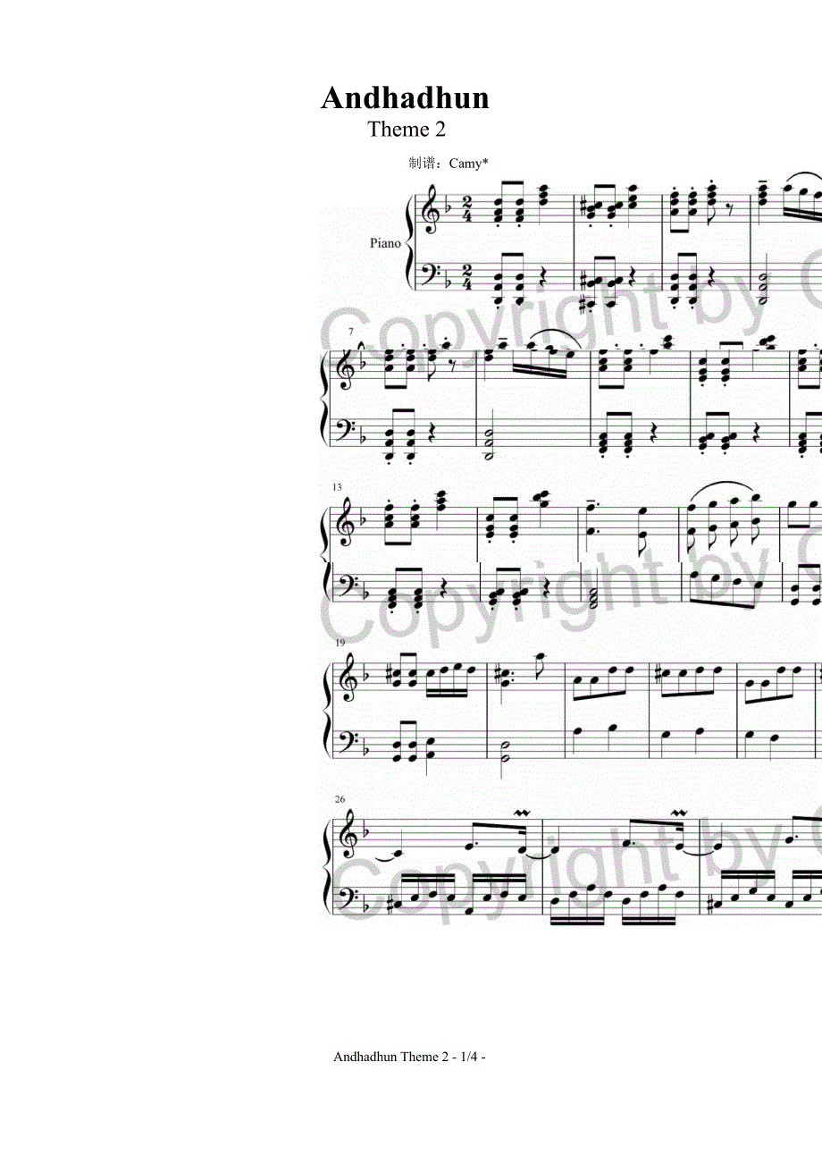 Andhadhun Theme 02 《调音师》钢琴谱钢琴简谱 数字谱 钢琴双手简谱_第1页