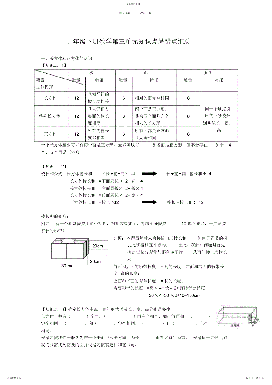 2022年五年级下册数学单元知识点易错点汇总_第1页