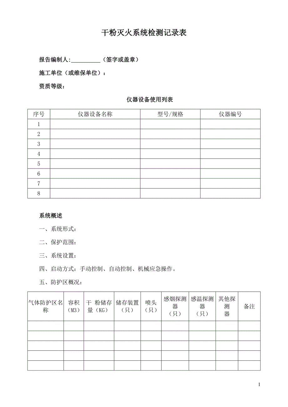 干粉灭火系统检测记录表_第1页