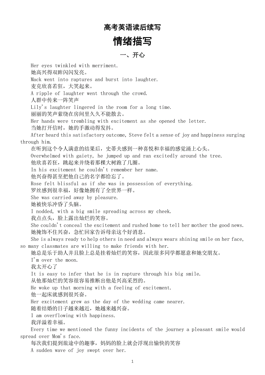 高中英语高考读后续写情绪描写素材（开心+悲伤+紧张+恐惧+愤怒+感动）_第1页