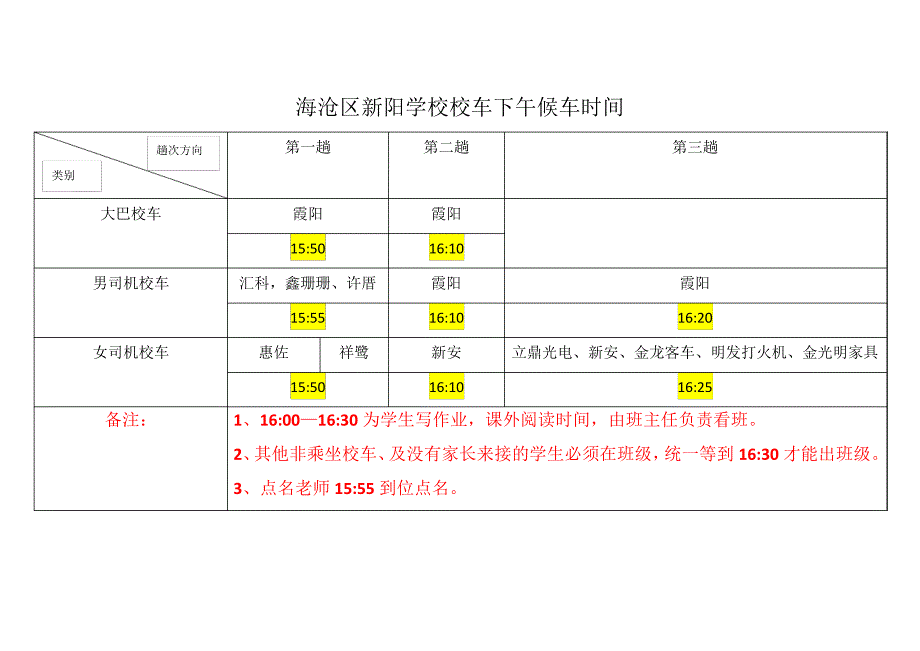 海沧区新阳学校校车下午候车时间7849_第1页