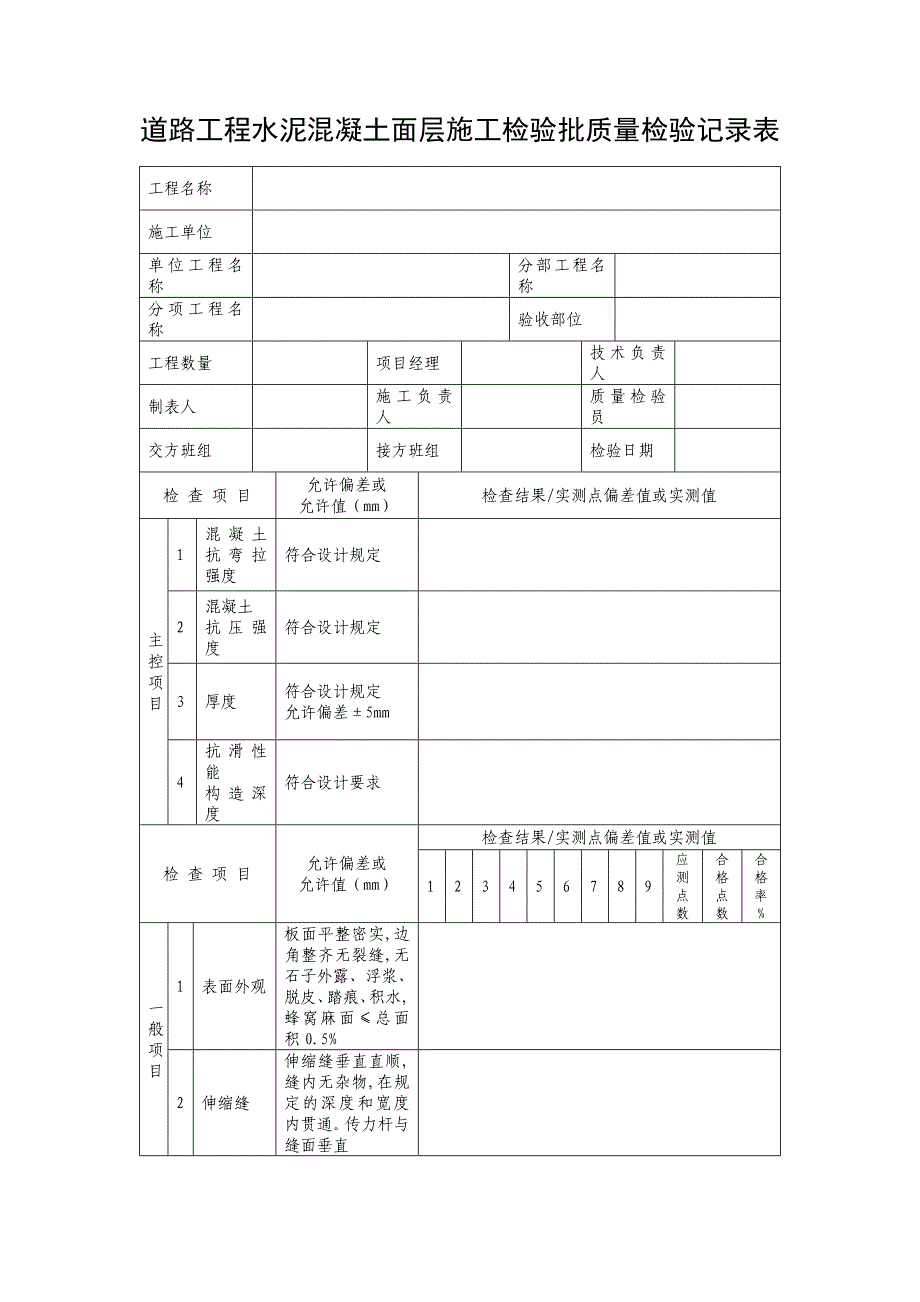 道路工程水泥混凝土面层施工检验批质量检验记录表_第1页