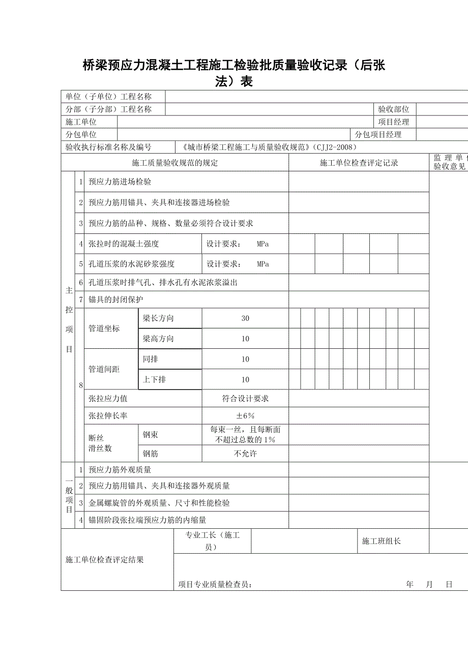 桥梁预应力混凝土工程施工检验批质量验收记录（后张法）表_第1页