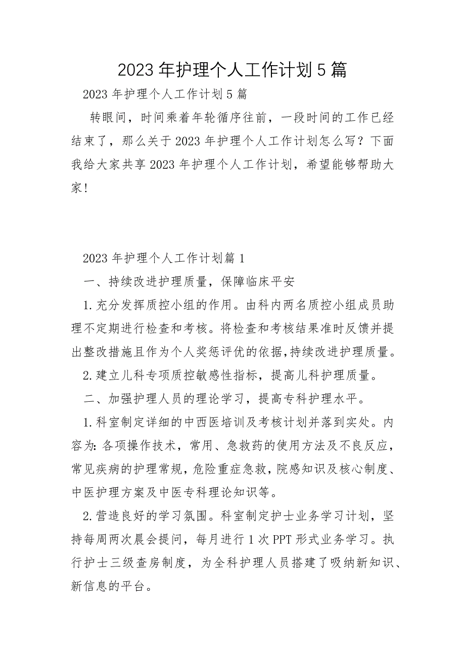 2023年护理个人工作计划5篇_第1页