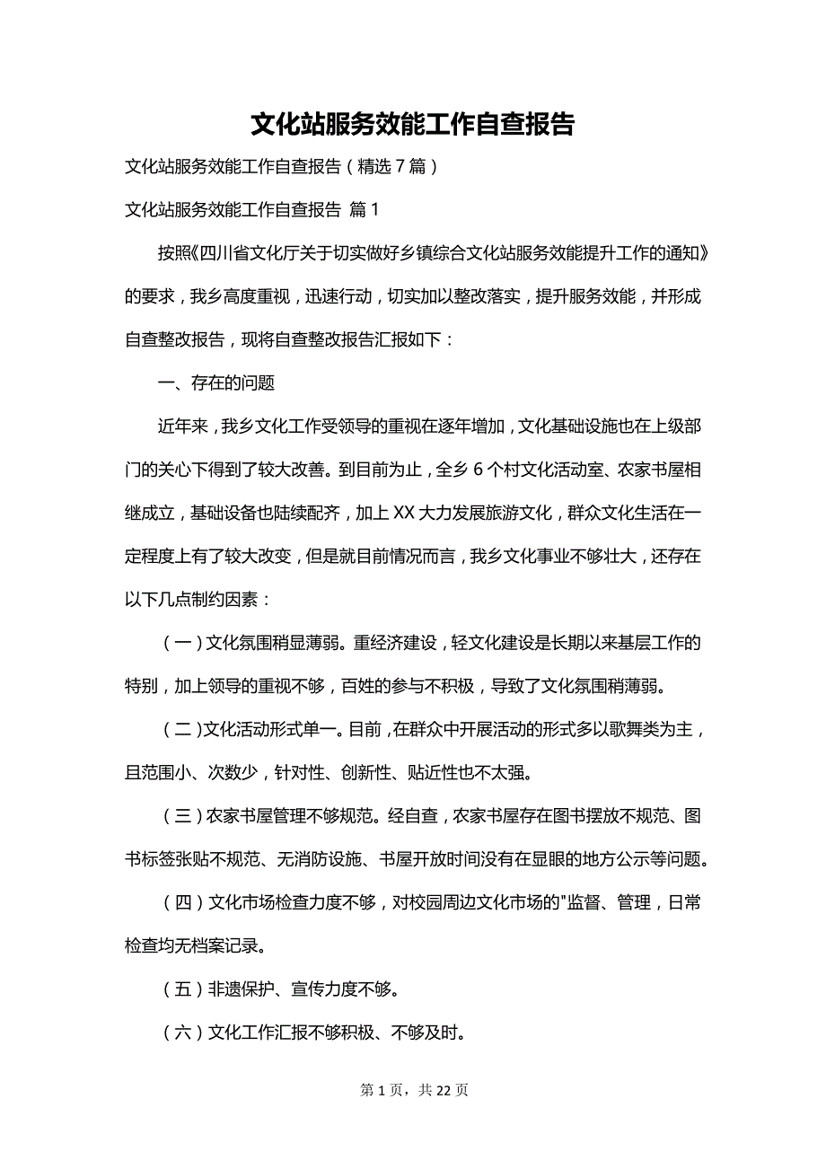 文化站服务效能工作自查报告_第1页