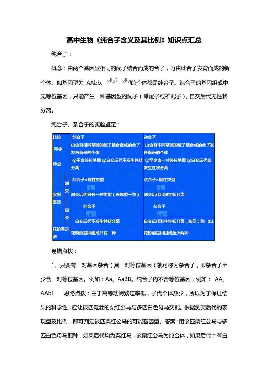 高中生物《纯合子含义及其比例》知识点汇总_第1页