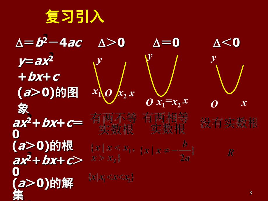 新课标高中数学人教A版必修五全册课件3.2一元二次不等关系及其解法三_第3页