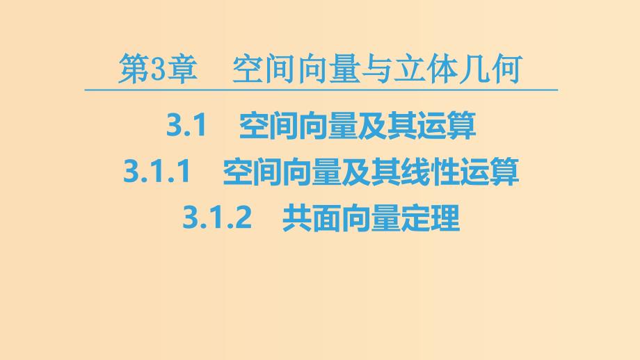 2018-2019学年高中数学第3章空间向量与立体几何3.13.1.1空间向量及其线性运算3.1.2共面向量定理课件苏教版选修2 .ppt_第1页