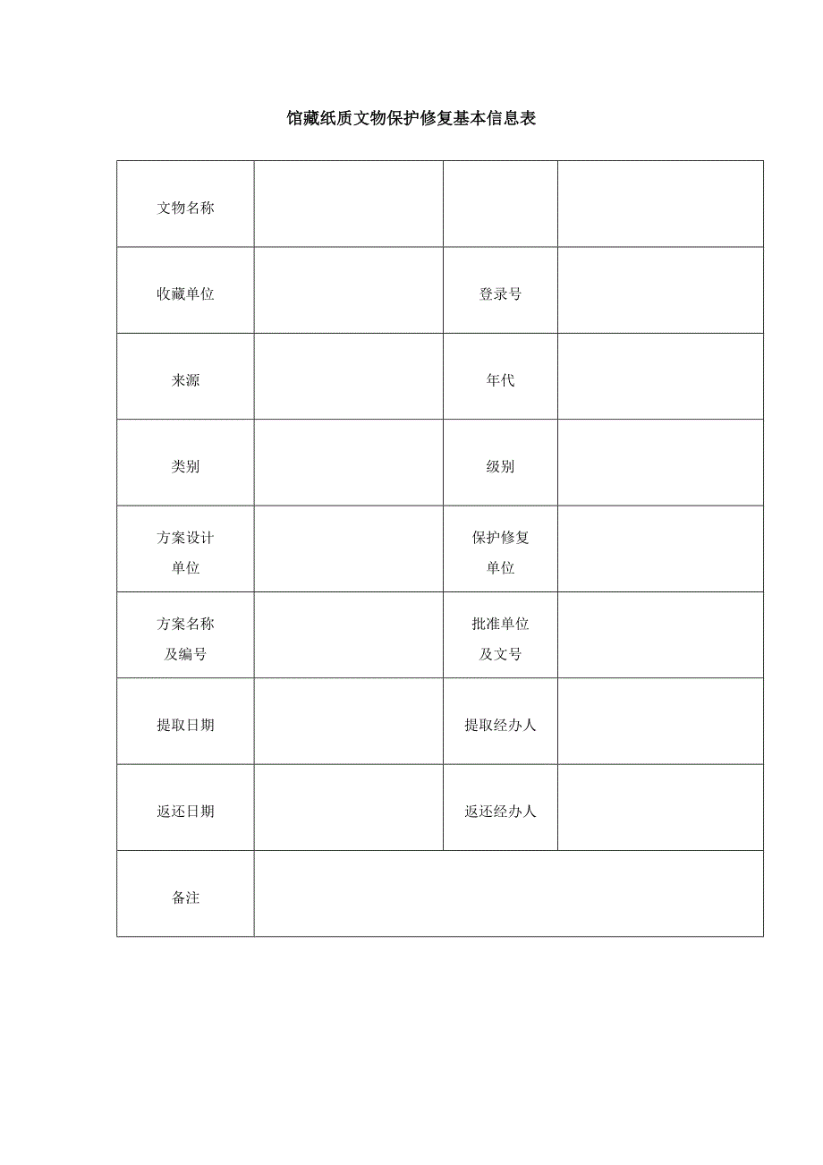 馆藏纸质文物保护修复基本信息表_第1页