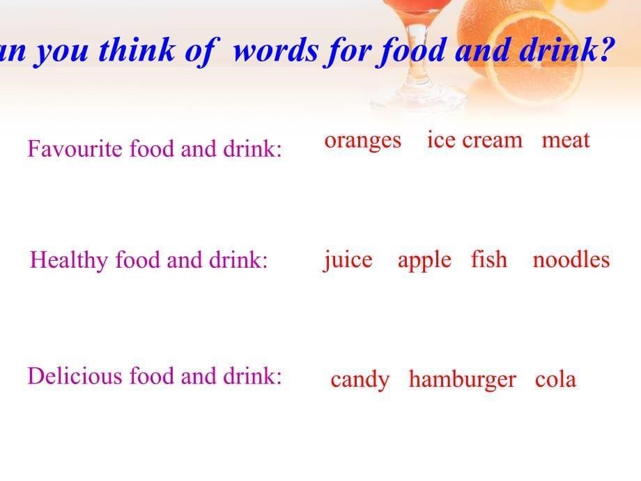 七年级英语上册 Module 4 Healthy food Unit 2 Is your food and drink healthy教学案例课件 （新版）外研版_第5页