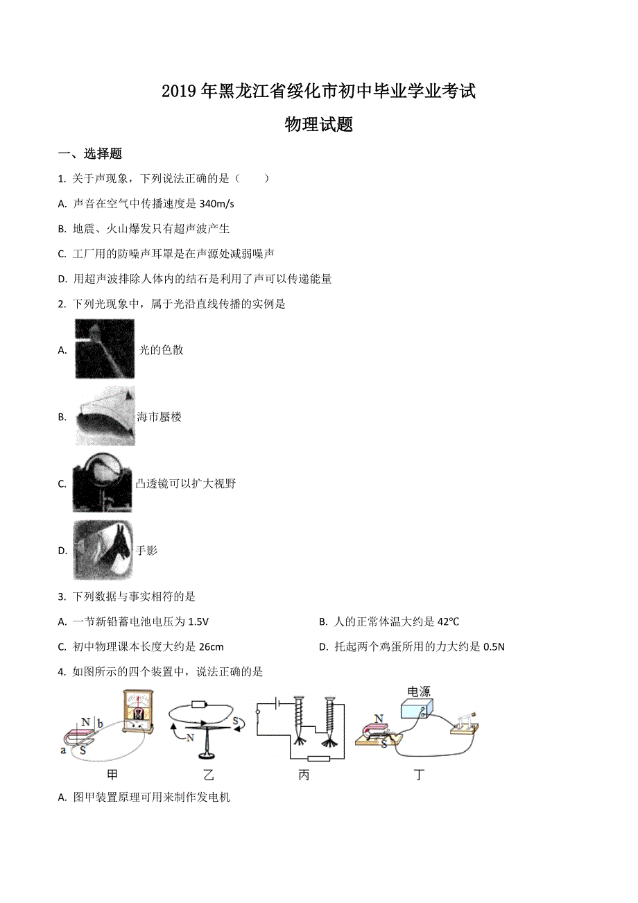 2019年黑龙江省绥化市中考物理试题（原卷版）_第1页