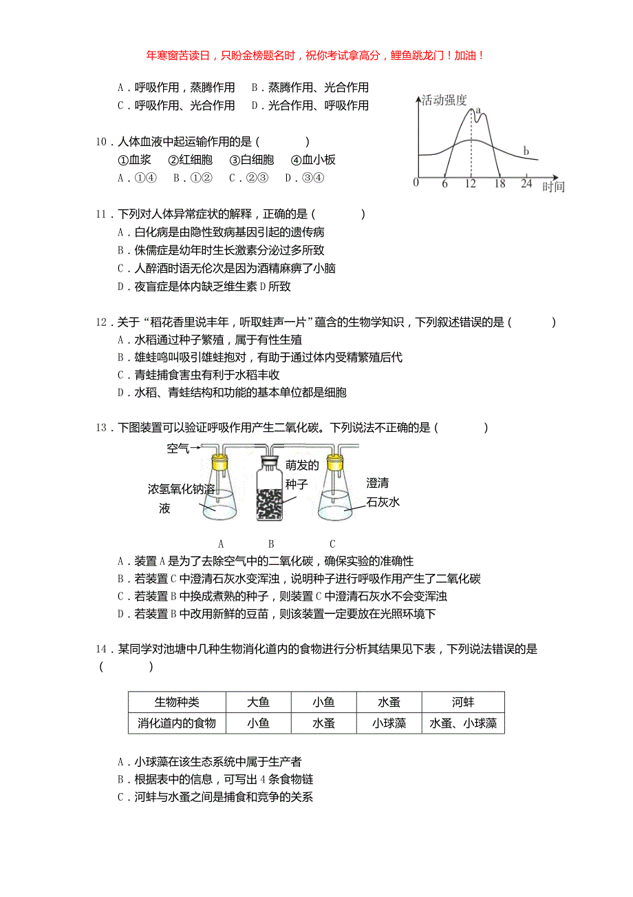 2019年江西九江中考生物真题(含答案)_第2页