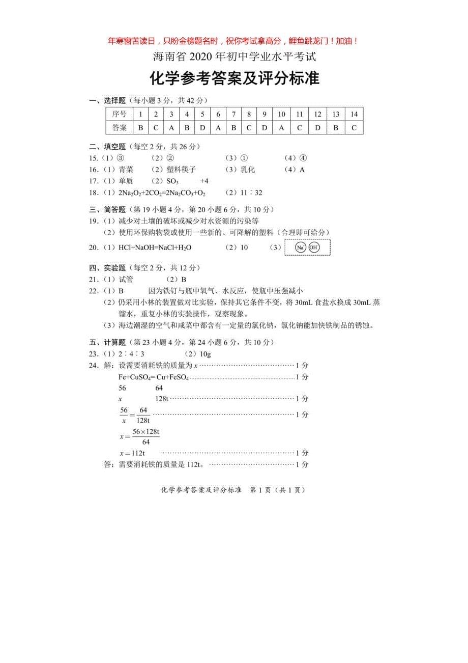 2020年海南省文昌市中考化学试题(含答案)_第5页